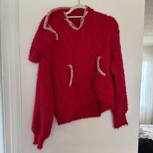 POL Red Fuzzy Crewneck Sweater with Floral Trim